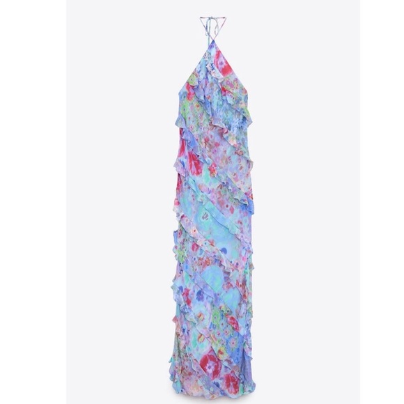 Zara ruffle printed halter midi Dress NEW - Picture 11 of 14